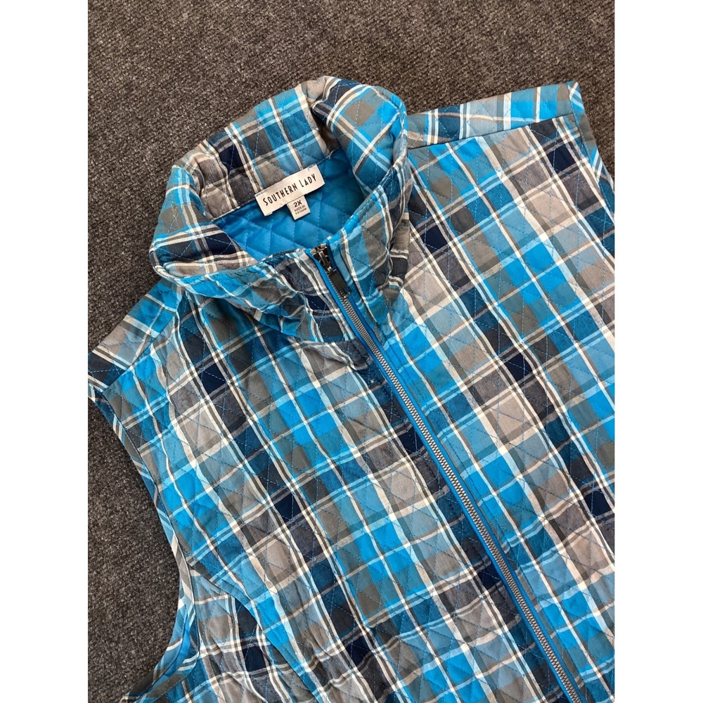 Southern Lady Womens 2X Quilted Vest Blue Plaid Full Zip 0075W 211